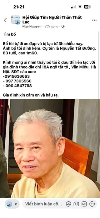Ảnh tìm kiếm: Tìm người nhà: Nguyễn Tất Đưởng (Hà Nội)