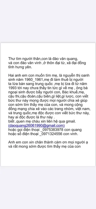 Ảnh tìm kiếm: xin các ace ,bạn bè chia sẻ giúp ae con tôi tìm mẹ xin trân thành cảm ơn nhiều????